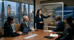 generate a image for Rescuing a How Should CEOs Execute Their AI Strategy? as i am going to upload this image in my blog so make the image look attractive and realisitic