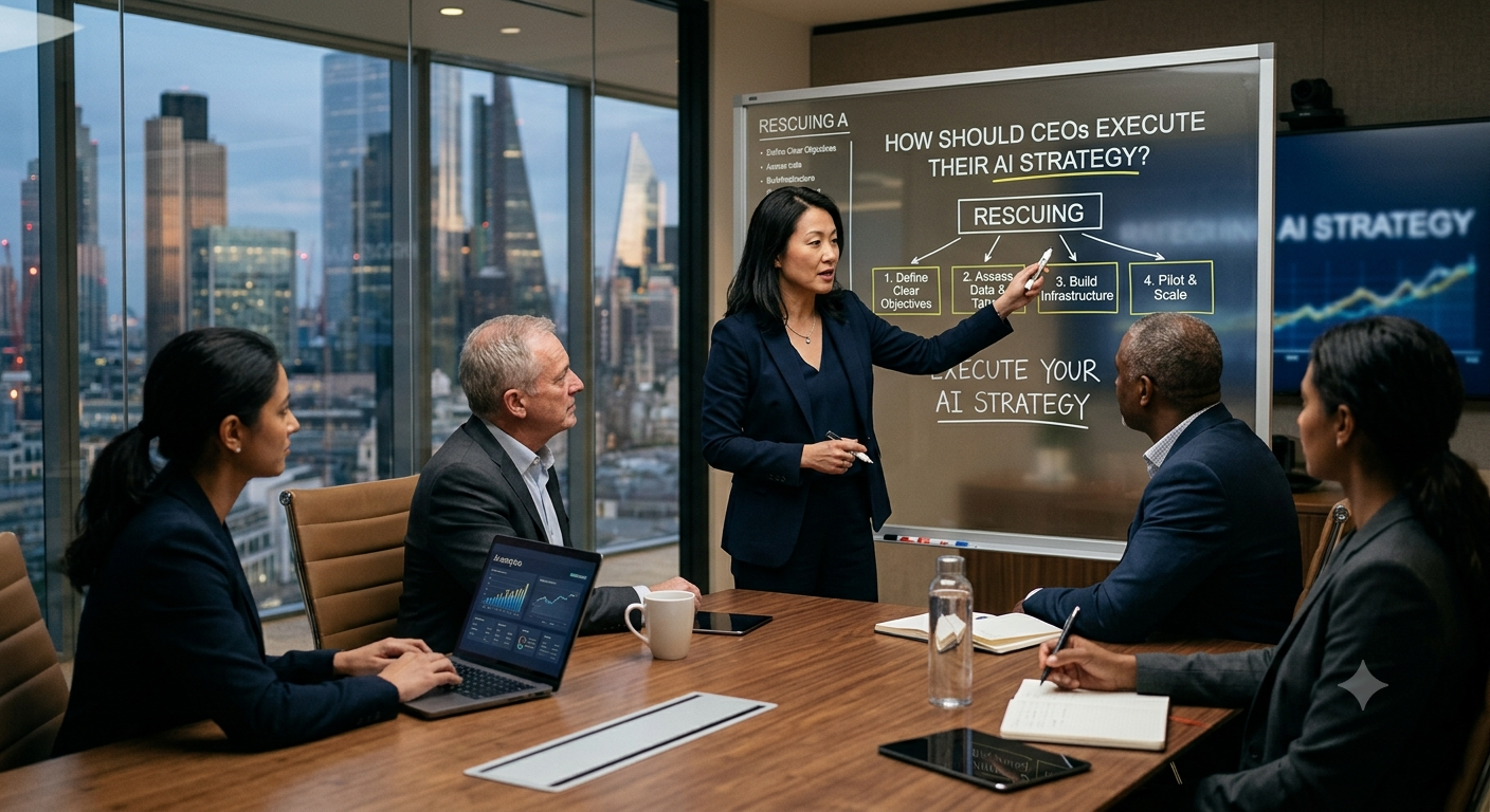 generate a image for Rescuing a How Should CEOs Execute Their AI Strategy? as i am going to upload this image in my blog so make the image look attractive and realisitic